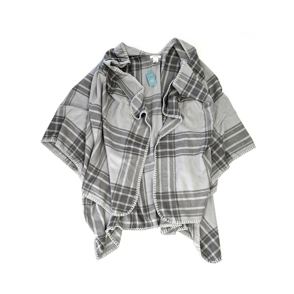 Maurices Grey Plaid Poncho Wrap Open Front Blanket Stitch One Size New NWT